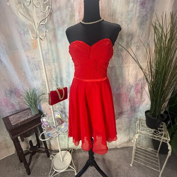 NEW๐Fiesta Fire Red Strapless Mini Cocktail - Party Chiffon Dress w/ Lace-Up - Picture 1 of 16